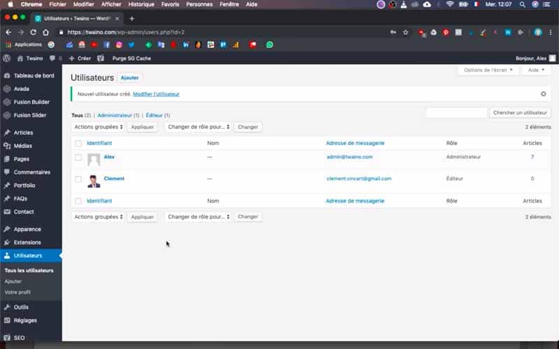Capture d'écran de l'interface de gestion des utilisateurs WordPress