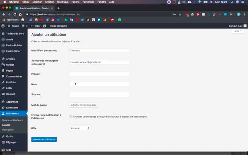 Capture d'écran formulaire création utilisateur WordPress avec champs texte