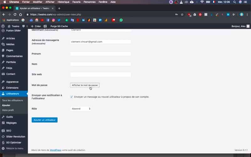 Capture d'écran interface WordPress formulaire création utilisateur