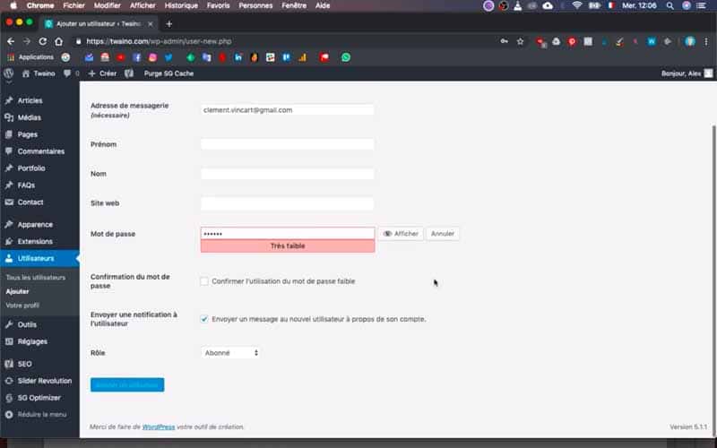 Capture d'écran interface WordPress formulaire création utilisateur