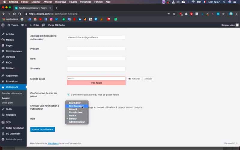 Capture d'écran interface WordPress formulaire création utilisateur