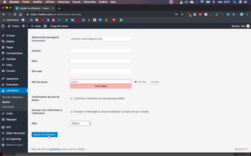 Capture d'écran interface WordPress formulaire création utilisateur