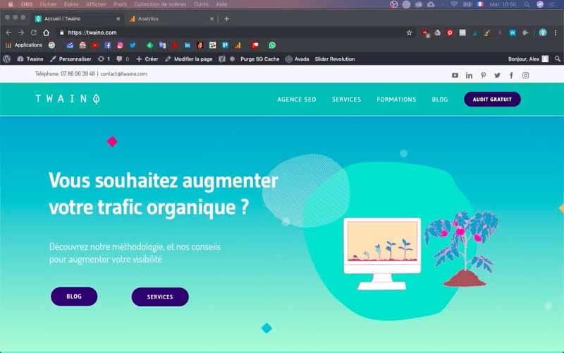 Capture d'écran page d'accueil agence digitale, design coloré turquoise
