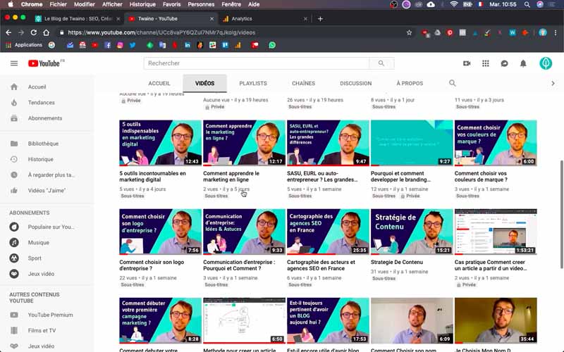 Capture d'écran tableau de bord YouTube avec vidéos miniatures colorées