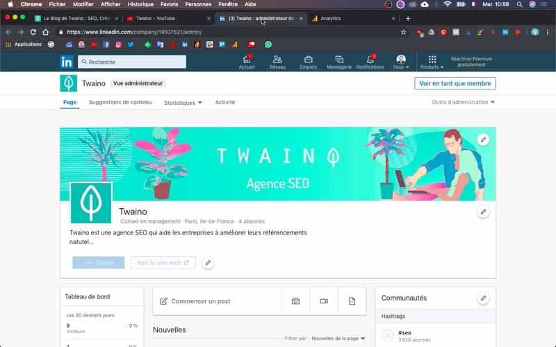 Capture d'écran de la page Facebook de l'agence Twaino avec bannière turquoise