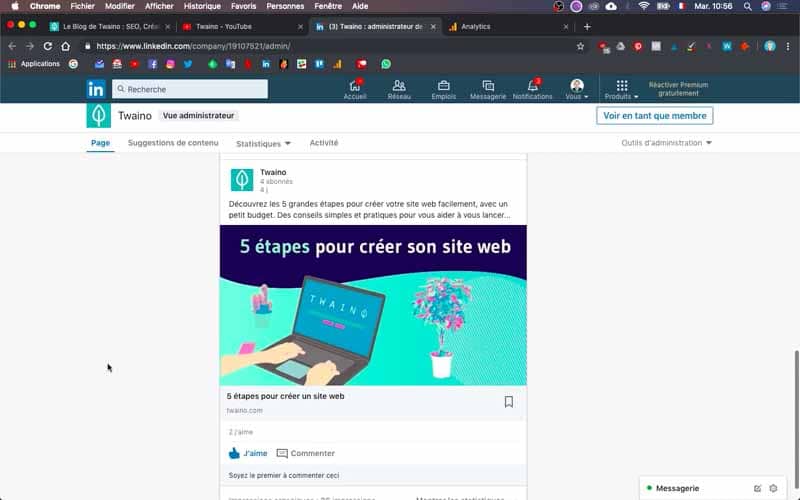 Capture d'écran de flux social montrant publication contenu création site web