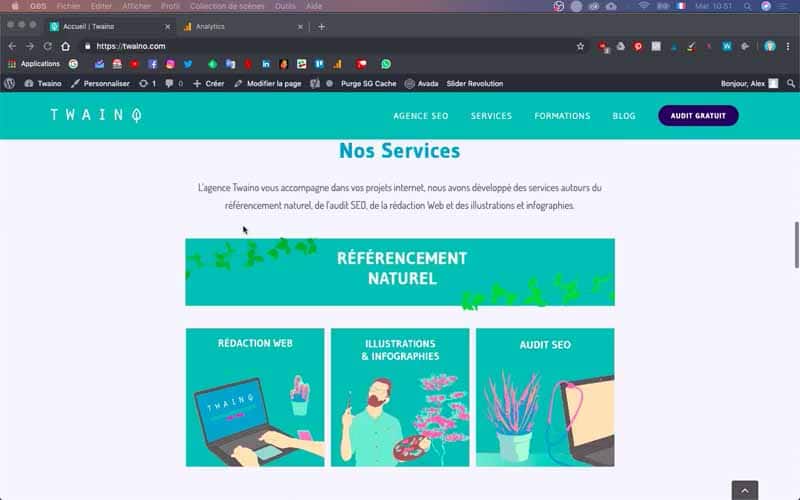 Capture d'écran site web agence services avec cartes produits colorées turquoise