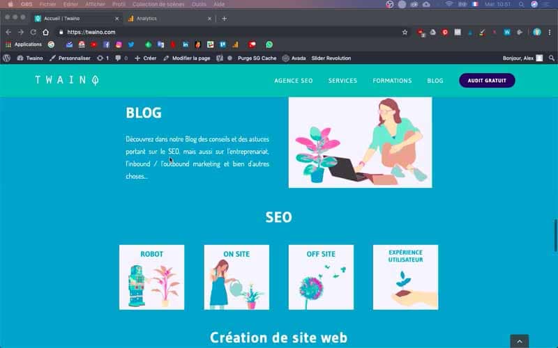 Capture d'écran site web agence création avec sections blog et SEO