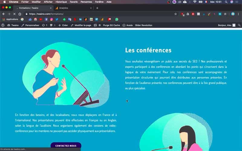 Capture d'écran site web fond turquoise illustrations femmes conférences