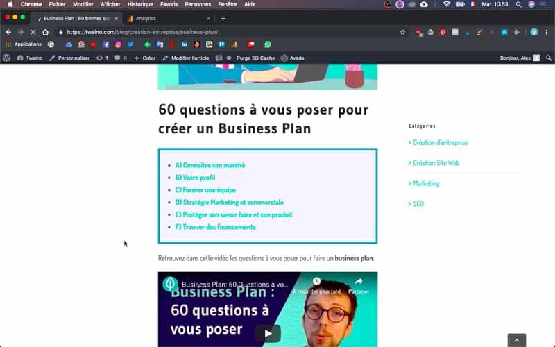 Capture d'écran d'interface web présentant un guide business plan avec sections colorées